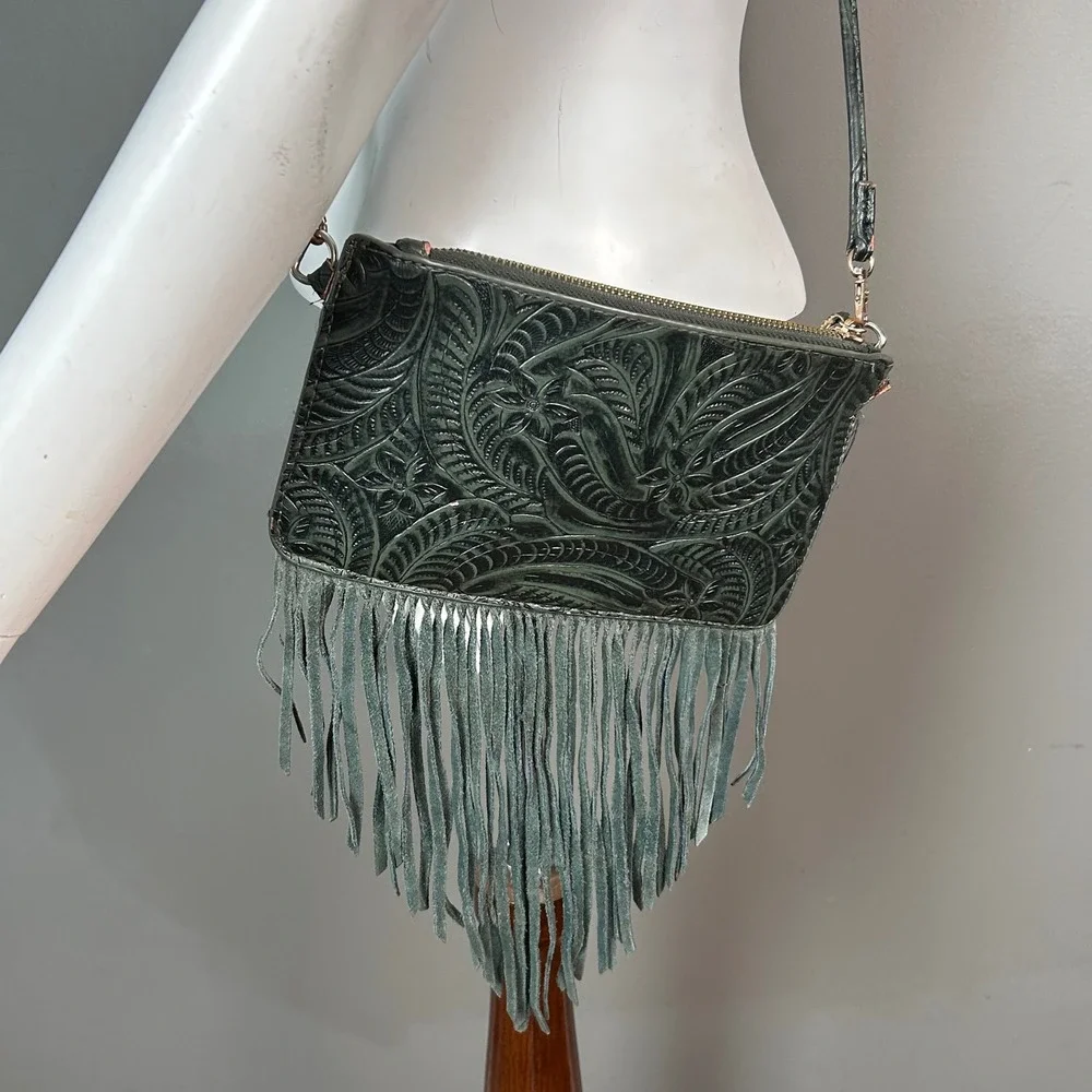 Western Festival Fall Crossbody Bag Floral Tooled Fringe Earthy Dark Fairy